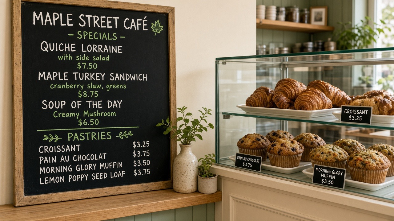 Close-up of the café specials board
