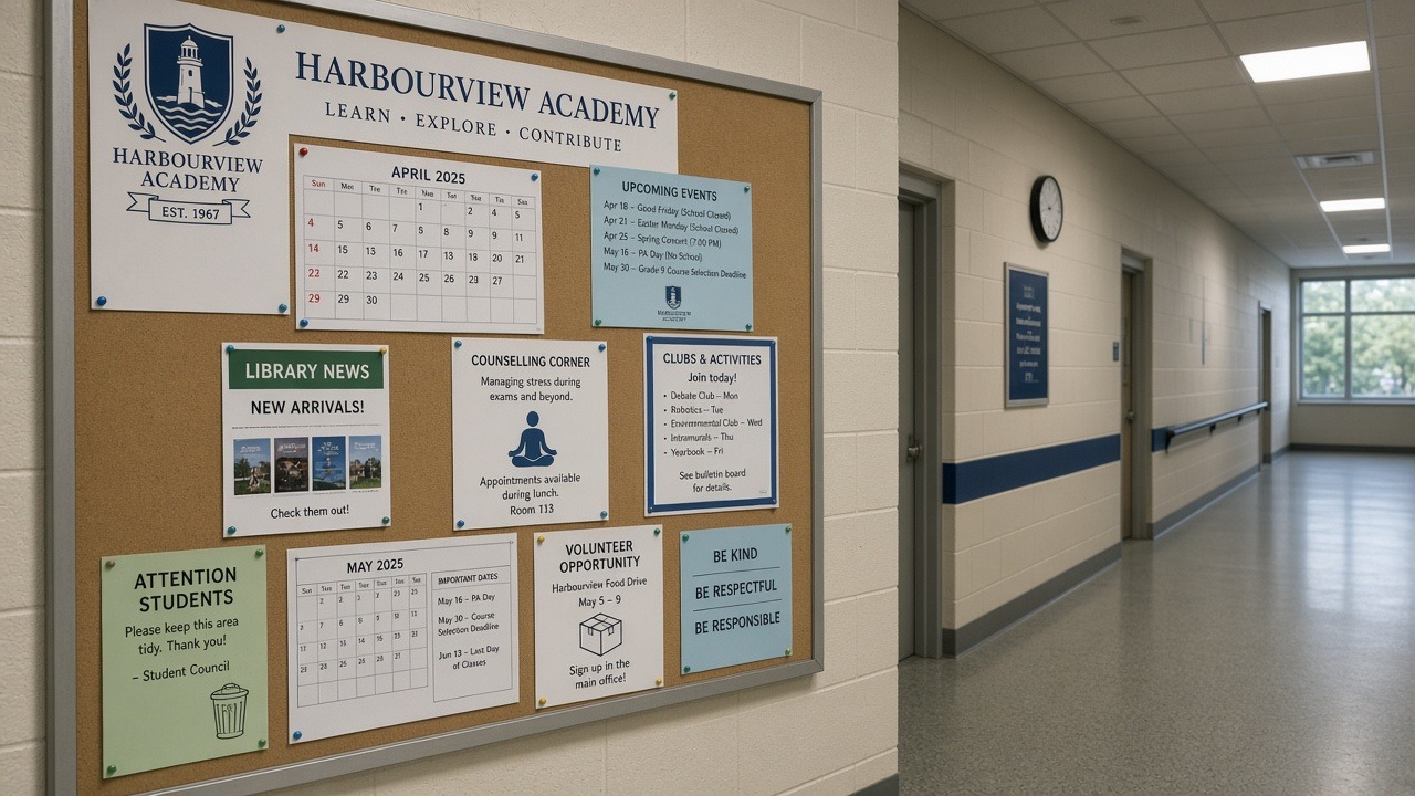 Harbourview Academy hallway bulletin board